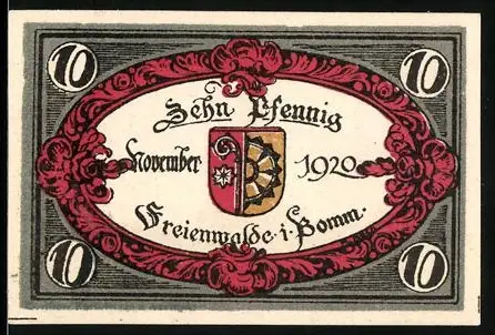 Notgeld Freienwalde i. Pomm. 1920, 10 Pfennig, Wappen und Statue mit Inschrift