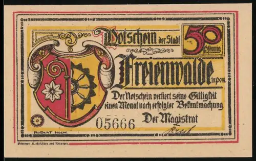 Notgeld Freienwalde i. Pom., 50 Pfennig, Wappen und Verleihung des Stadtrechts 1338