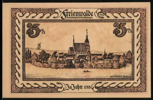 Notgeld Freienwalde i. Pom., 25 Pfennig, Ortsansicht und Frauenporträt