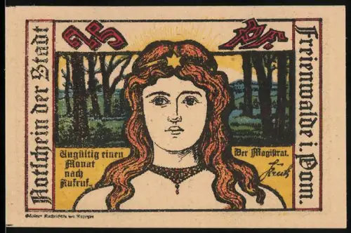 Notgeld Freienwalde i. Pom., 25 Pfennig, Frauenportrait und historische Ortsansicht von 1785