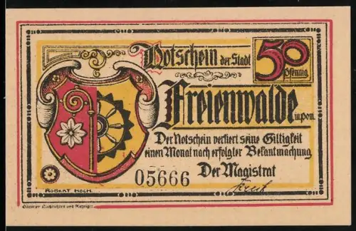 Notgeld Freienwalde i. Pom., 50 Pfennig, Stadtwappen und Szene der Schützengilde 1673