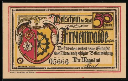 Notgeld Freienwalde i. Pom., 50 Pfennig, Stadtwappen und historische Belagerungsszene von 1627