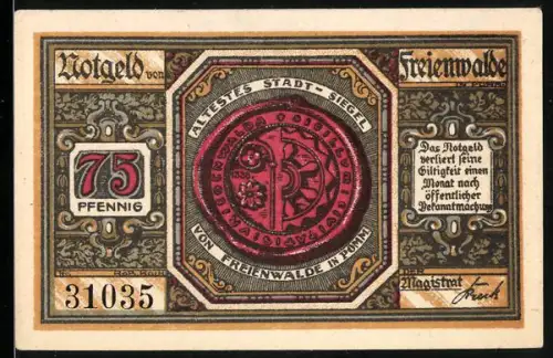 Notgeld Freienwalde i. Pom. 1920, 75 Pfennig, ältestes Stadtsiegel und Ortsansicht mit Wappen