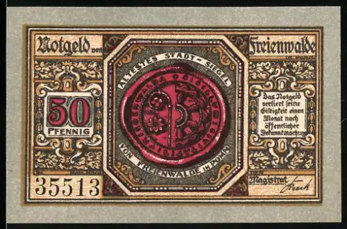 Notgeld Freienwalde i. Pom. 1921, 50 Pfennig, Stadtwappen und Kind mit Blumenschale