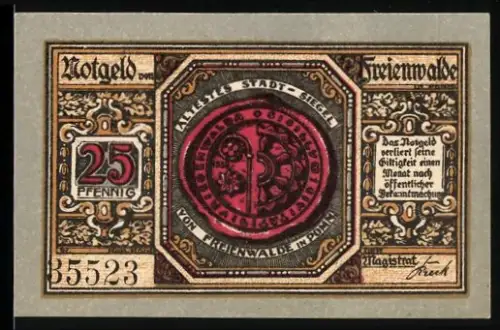 Notgeld Freienwalde i. Pomm. 1920, 25 Pfennig, Wappen und historische Figuren