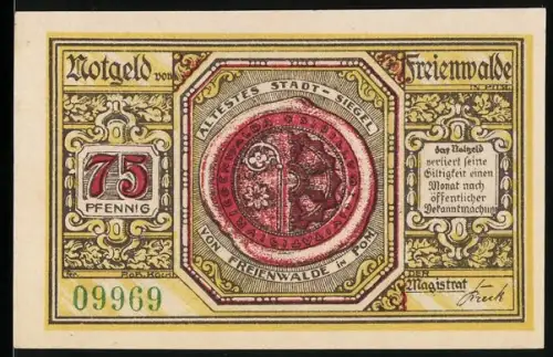 Notgeld Freienwalde i. Pomm. 1920, 75 Pfennig, Stadtwappen und Ortsansicht mit Löwen und Kirche