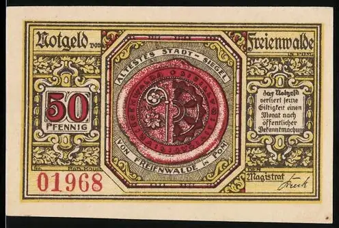 Notgeld Freienwalde i. Pom. 1921, 50 Pfennig, Stadtsiegel und Kind mit Blumenschale