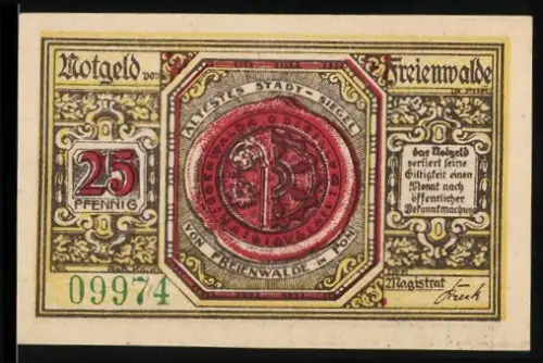 Notgeld Freienwalde i. Pom 1920, 25 Pfennig, Wappen und Ritter mit Schild und Lanze