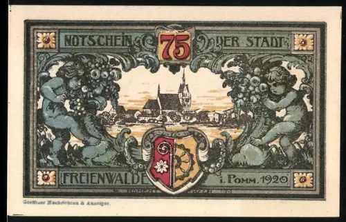 Notgeld Freienwalde i. Pomm. 1920, 75 Pfennig, Ortsansicht mit Wappen und Figuren