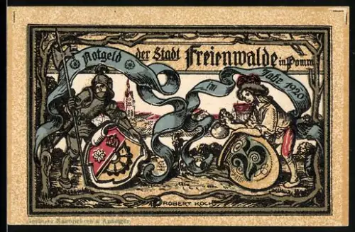 Notgeld Freienwalde i. Pomm. 1920, 25 Pfennig, Ritter und Frau mit Stadtwappen