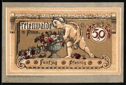 Notgeld Freienwalde i. Pomm., 50 Pfennig, Putto mit Blumenschale und Siegel