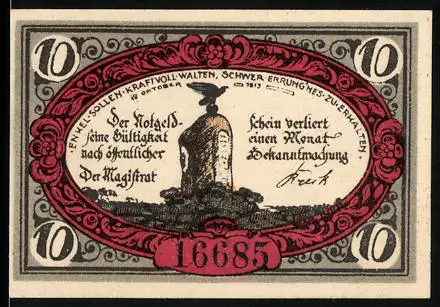 Notgeld Freiwalde i. Pomm. 1920, 10 Pfennig, Wappen und Denkmal mit Adler