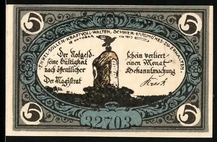 Notgeld Freienwalde i. Pomm. 1920, 5 Pfennig, Wappen und Kriegerdenkmal