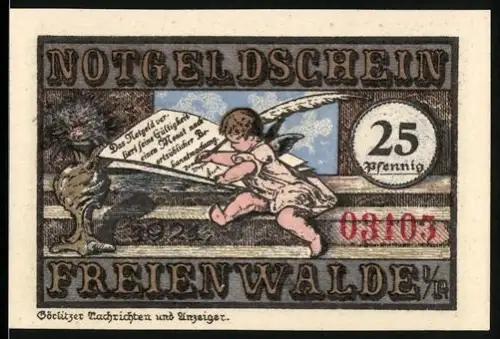 Notgeld Freienwalde i. Pom. 1921, 25 Pfennig, Engel mit Schriftrolle und Ritter mit Wappen