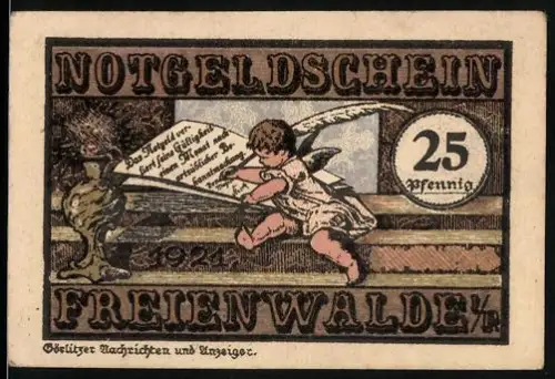 Notgeld Freienwalde i. Pomm. 1921, 25 Pfennig, Engel mit Brief und Krieger mit Wappenmotiv