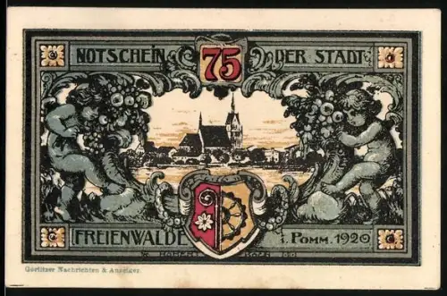 Notgeld Freienwalde i. Pomm. 1920, 75 Pfennig, Ortsansicht mit Wappen und Putten