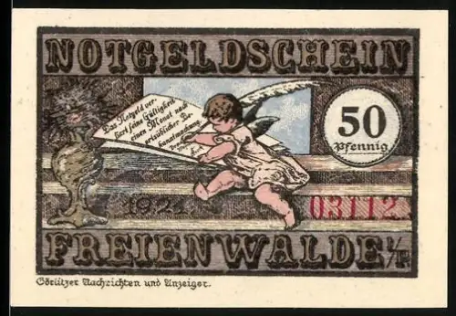 Notgeld Freienwalde i. P. 1922, 50 Pfennig, Engel mit Schriftrolle und Blumenschale