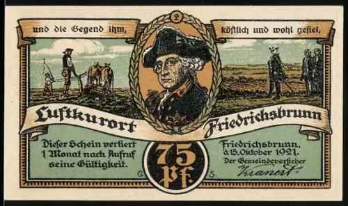 Notgeld Friedrichsbrunn 1921, 75 Pfennig, Porträt König Friedrich II., Landschaft mit Hirsch und Gebäudeansicht