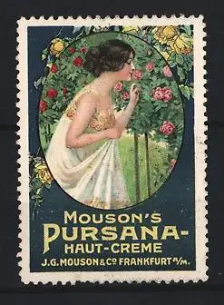 Reklamemarke Frankfurt / Main, Mouson`s Pursana Haut-Creme, Frau im Rosengarten