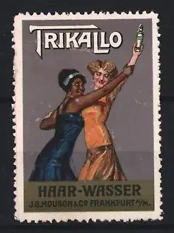 Reklamemarke Frankfurt a. M., Trikallo Haar-Wasser, tFrauen streiten sich um die Flasche Haartinktur