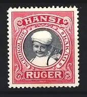 Reklamemarke Hansi Rüger, Schokolade & Kakao, Junge mit Mütze, rot