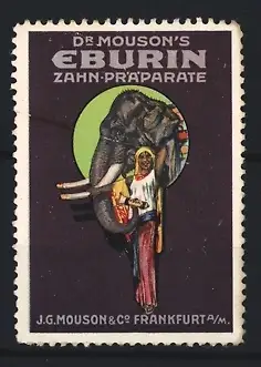Reklamemarke Frankfurt a. M., Dr. Mouson`s Eburin Zahn-Präparate, Elefant & indische Frau