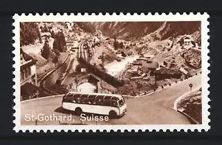 Reklamemarke St-Gotthard, Suisse, Serpentinenstrasse mit Bus