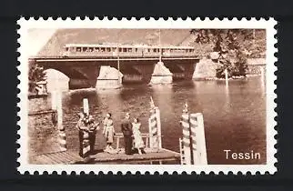 Reklamemarke Tessin, Eisenbahnbrücke über Fluss, Brücke mit Zug