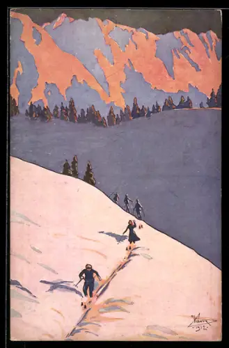 Künstler-AK Skiläufer in den Bergen