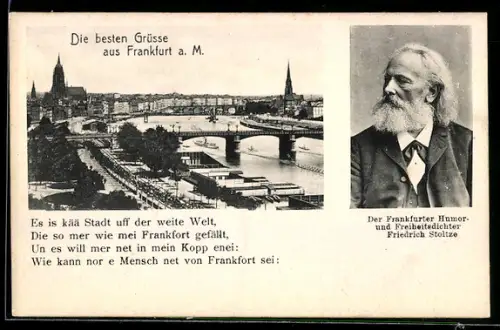 AK Frankfurt a. M., Mainbrücke, Stadtpanorama, Friedrich Stoltze