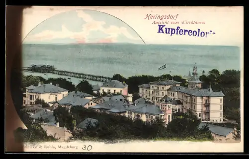 AK Heringsdorf, Aussicht vom Kirchturm, Seebrücke, Ostsee