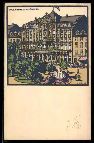 Steindruck-AK München, Park-Hotel mit Strassenpartie
