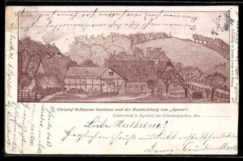 Lithographie Lübberstedt b. Egestorf, Gasthaus und der Hainholzberg vom Spann