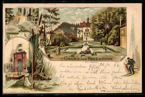 Lithographie Hellbrunn /Salzburg, Schloss und Park mit Wasserspielen
