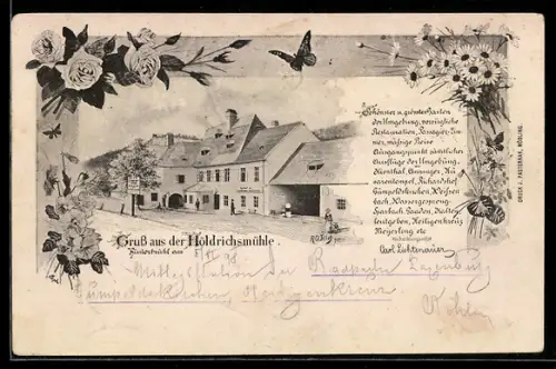 Künstler-AK Hinterbrühl, Gasthaus Höldrichsmühle C. Lichtenauer, Blumen, Schmetterling