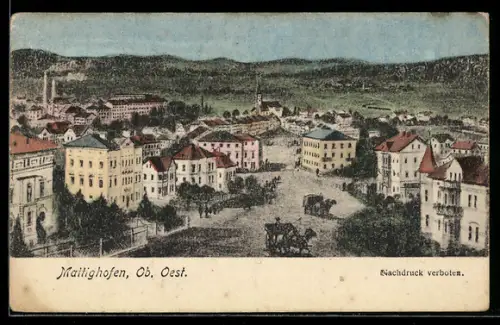 Künstler-AK Mattighofen /Ob. Oest., Panorama mit Hauptplatz und Kirche