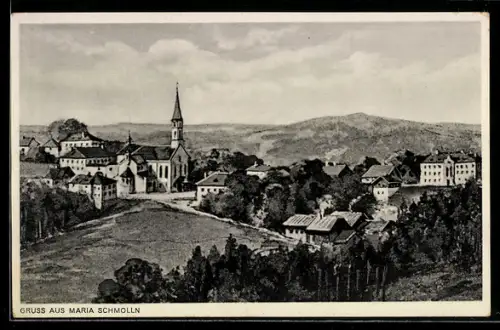 Künstler-AK Maria Schmolln, Panorama mit Kirche und Ort