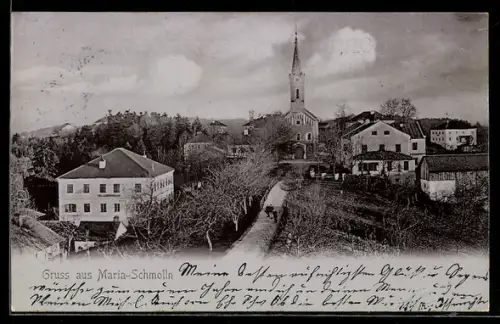 AK Maria-Schmolln, Ortspanorama mit Kirche aus der Vogelschau