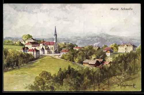 Künstler-AK Maria Schmolln /Ob. Öst., Ortspanorama mit Kirche