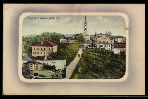 AK Maria Schmolln, Panorama mit Kirche, Asyl, Rahmen