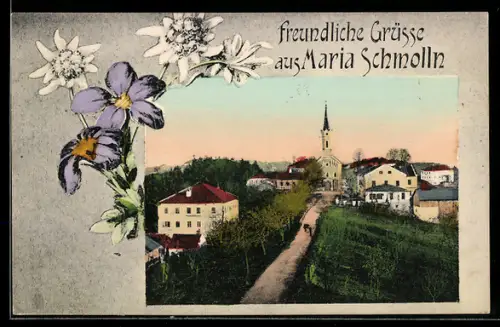 AK Maria Schmolln, Panorama mit Kirche und Dorfstrasse, Blumen
