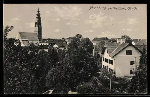 AK Hochburg am Weilhart, Teilansicht mit Kirche aus der Vogelschau
