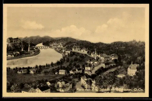 AK Maria Ach /O.Ö., Panorama mit Salzach und Kirche