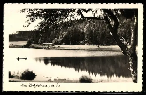 AK Franking /O. Ö., Holzöster, See mit Ufergebäude, Ruderboot und Waldufer