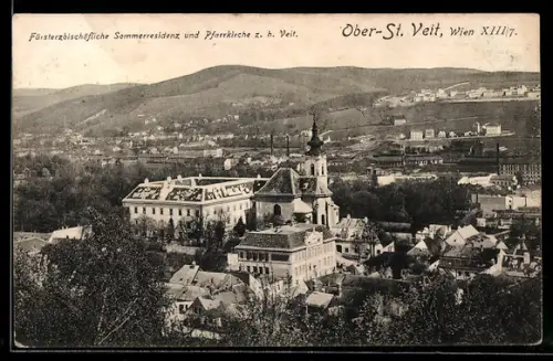 AK Ober-St. Veit /Wien, Fürsterzbischöfliche Sommerresidenz und Pfarrkirche aus der Vogelschau