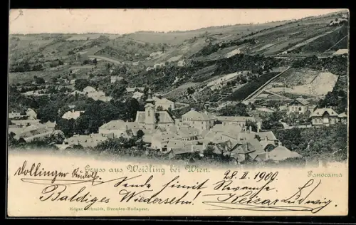 AK Weidling bei Wien, Ortsansicht mit Kirche und Weinbergen