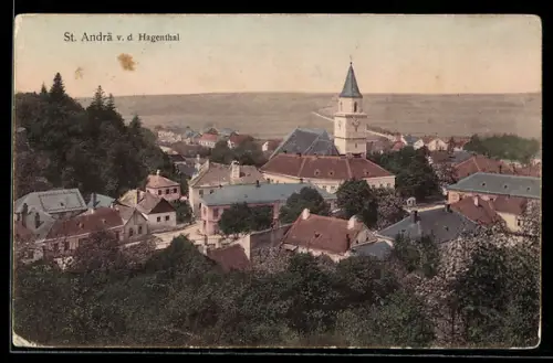 AK St. Andrä vor dem Hagenthale, Ortsansicht mit Kirche aus der Vogelschau