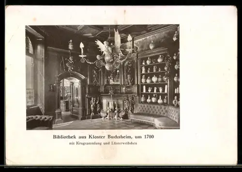 AK Worms am Rhein, Kloster Buchsheim, Bibliothek mit Krugsammlung und Lüsterweibchen, Innenansicht