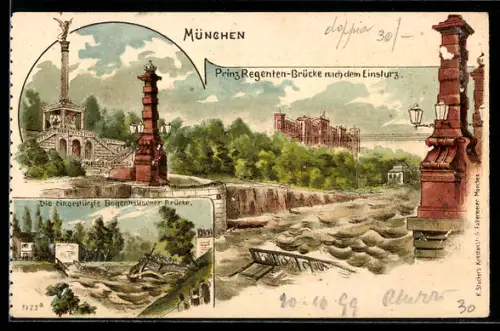 Lithographie München, Prinz-Regenten-Brücke nach dem Einsturz, Bogenhausener Brücke