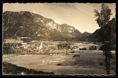 AK Grossgmain, Ortsansicht mit Kirche und Alpenpanorama